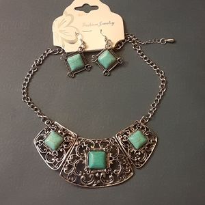 Silver turquoise necklace and earrings set